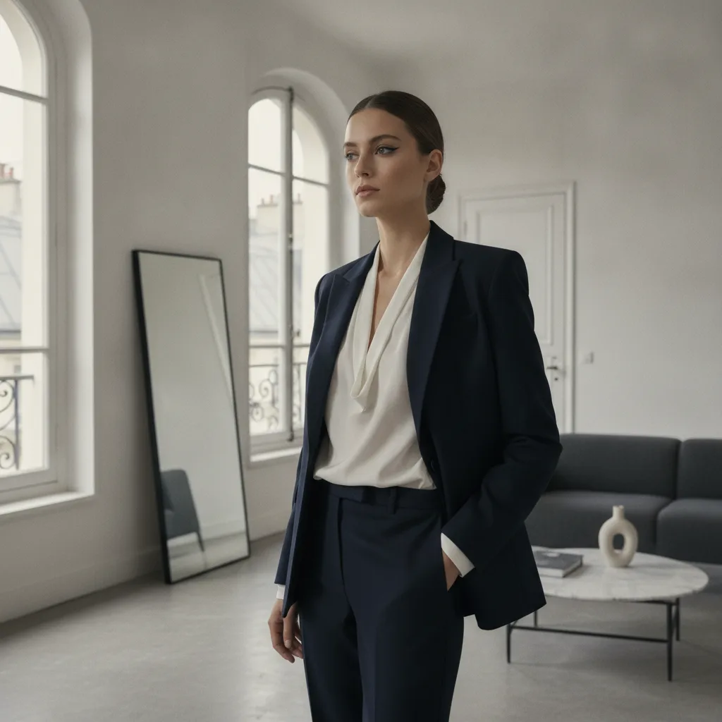 Elegant woman in a timeless capsule wardrobe outfit